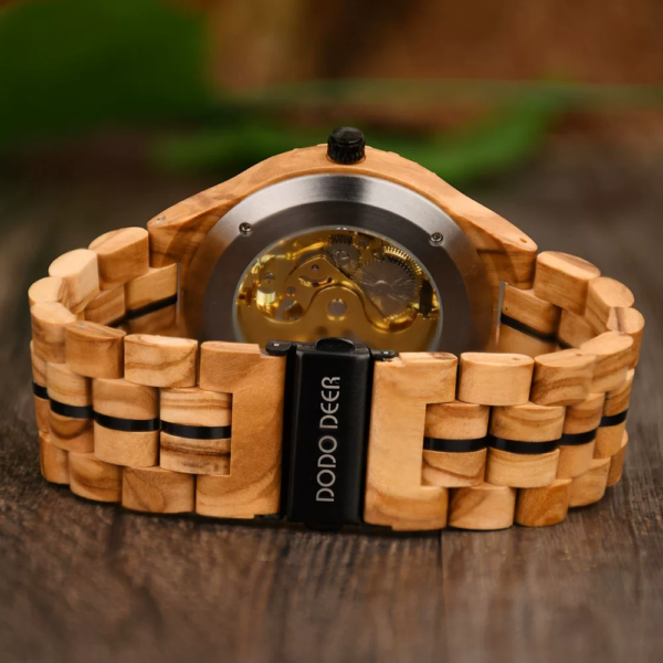 Olive wood openwork mechanical watch