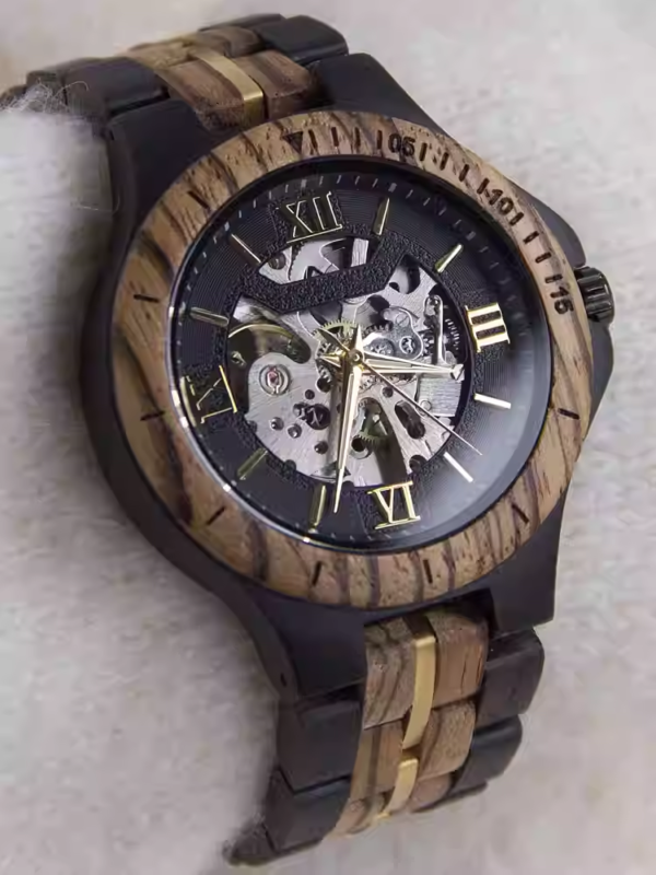 Black and gold transparent round skeletonized wooden men's automatic winding wooden watch with gold hands.