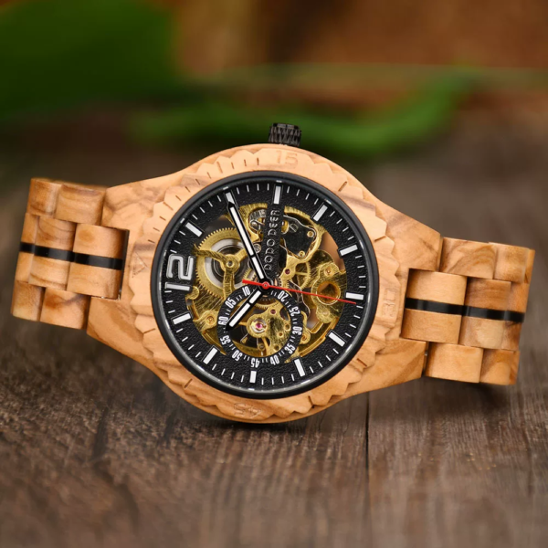 Olive wood openwork mechanical watch