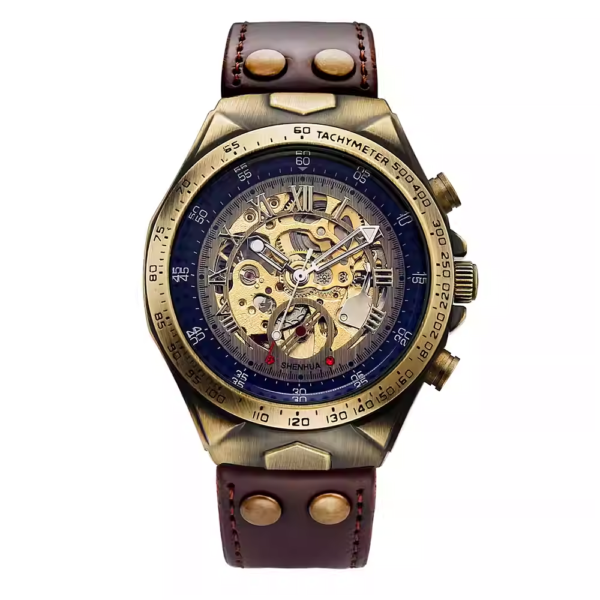 New men's automatic mechanical watch, retro double-sided skeletonized, trendy hip-hop style watch.